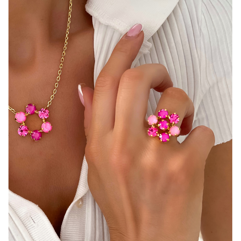 Shining Pink & Fuchsia Crystals Flower Adjustable Ring