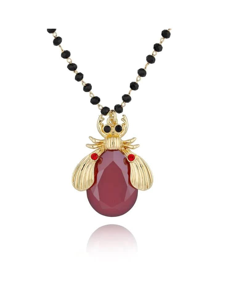 Long Black Crystal Necklace with Large Red Beetle Midnight