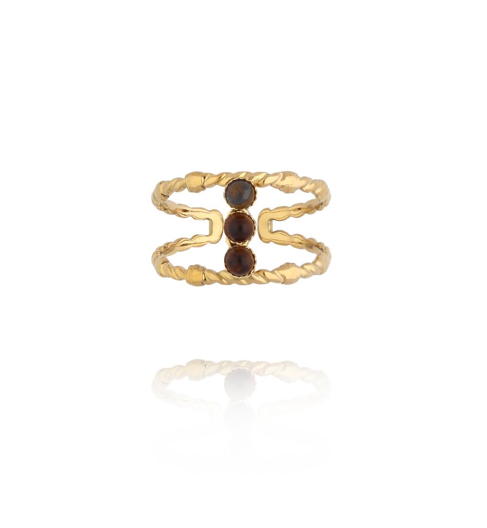 Gold Plated Three Tigers Eye Stones Ring 0021