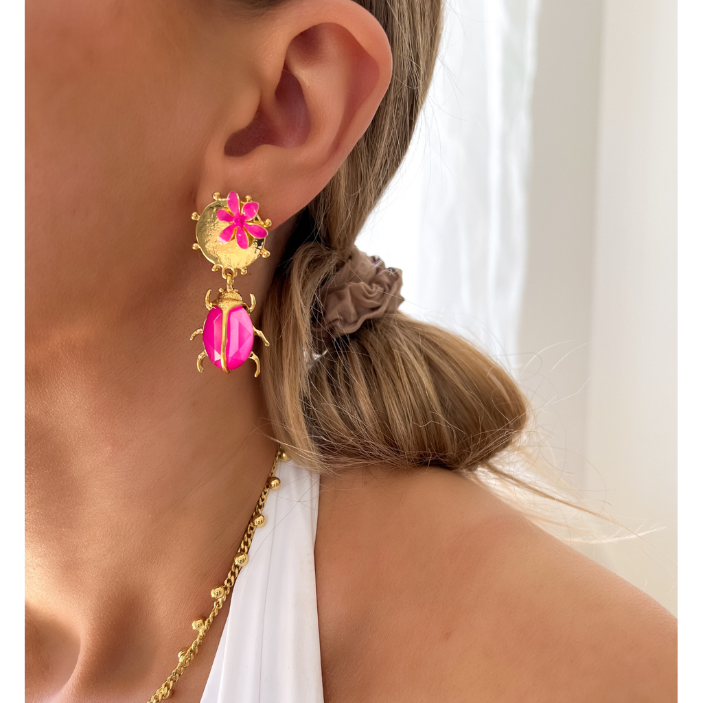 Gold Earrings with Pink Beetle Siyo