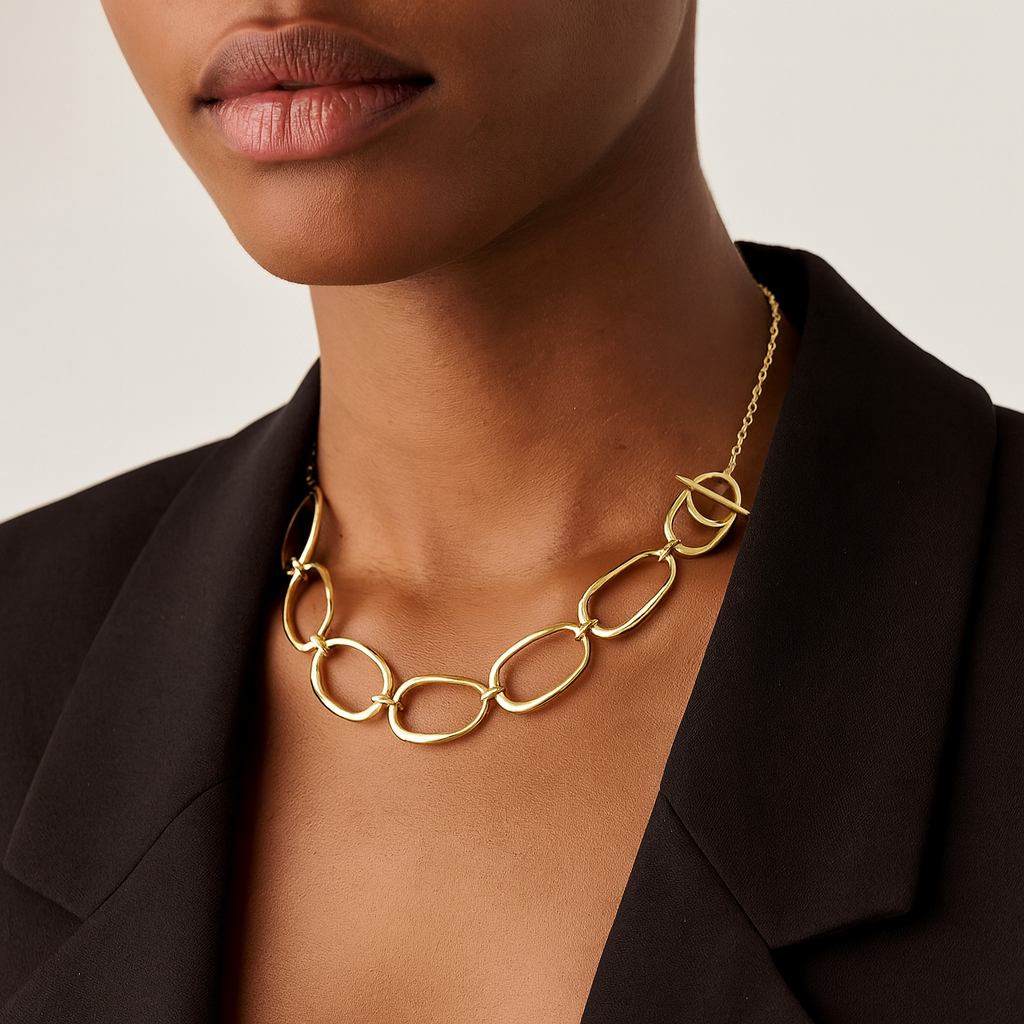 Gold Plated Simple Steel Oval Loop Chain Necklace