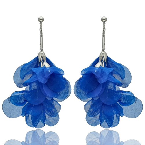 Royal Blue Silk Flower Earrings with Silver Fininshing