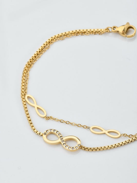 14k Gold Plated Double Chain Bracelet with Crystal Infinity Pendants