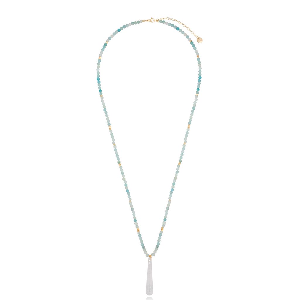 Turquoise and Moon Stones Long Necklace with Crystal Pendant