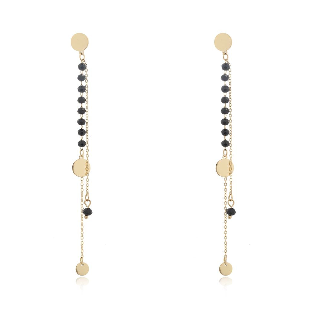 14k Gold Plated Double Chain Earrings with Black Crystals and Flat Discs (CL)