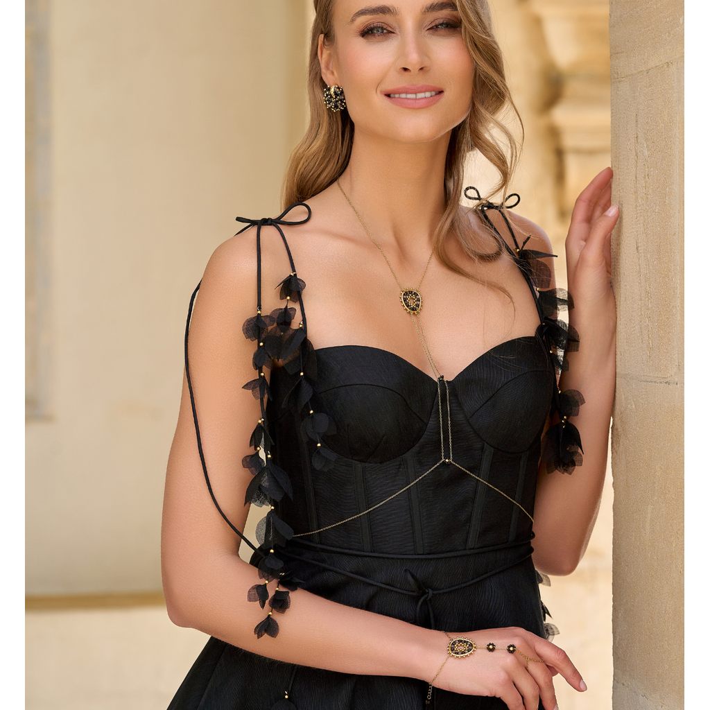 Black & Gray Miyuki Beads Flower Body Chain Necklace