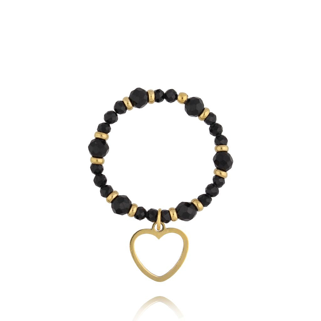Black Turmaline Stones Ring with Heart Pendant