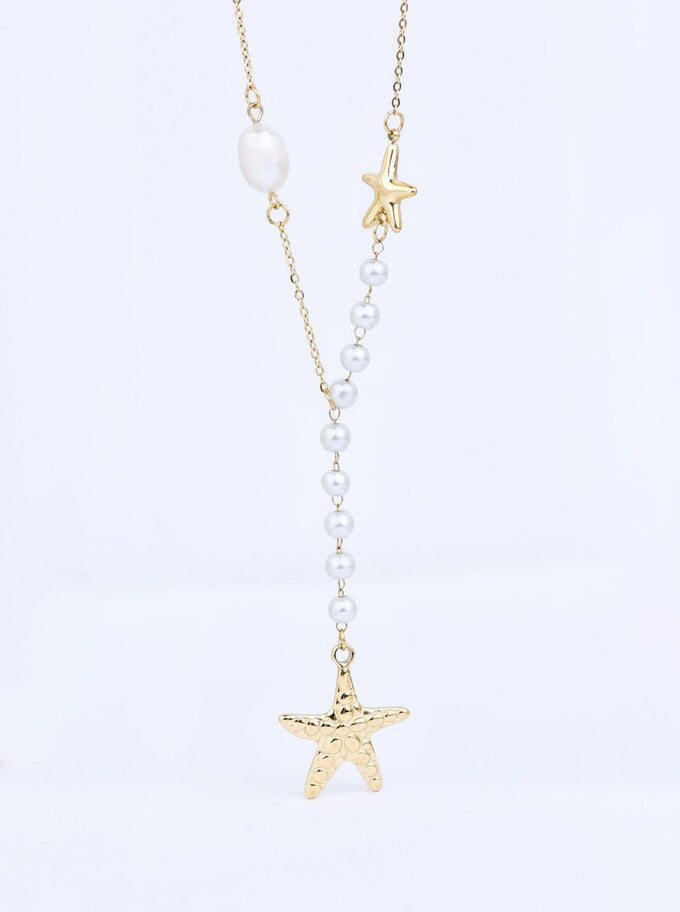 14k Gold Plated Lariat Necklace with Starfish and White Pearls