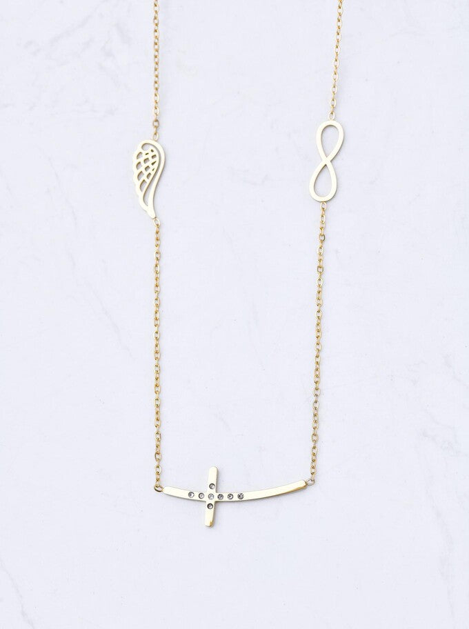 14k Gold Plated Crystals Cross Necklace with Infinity and Angel Wing
