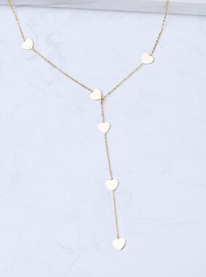 14k Gold Plated Lariat Necklace with Flat Hearts