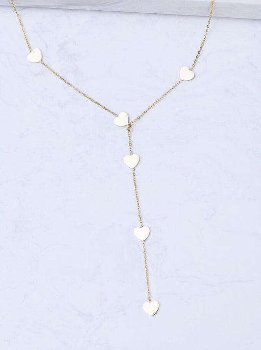 14k Gold Plated Lariat Necklace with Flat Hearts