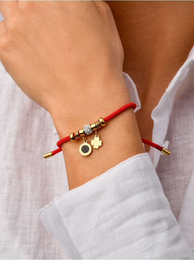 Lucky Red String Bracelet with Crystals Charm and Clover