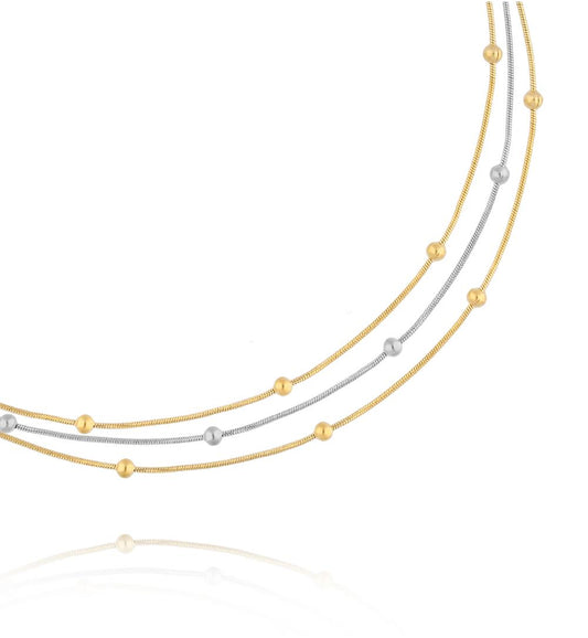 Simple Steel Silver and Gold Triple Necklace with Balls
