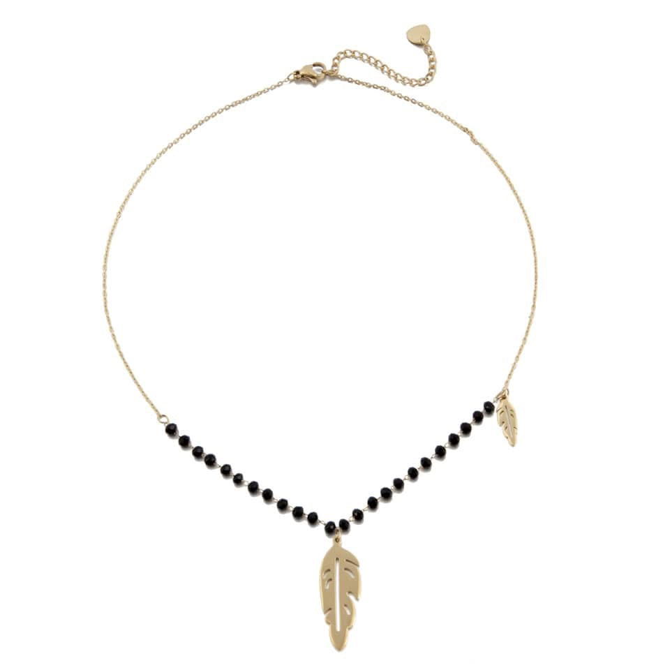 Gold Plated Feather Necklace with Black Crystals