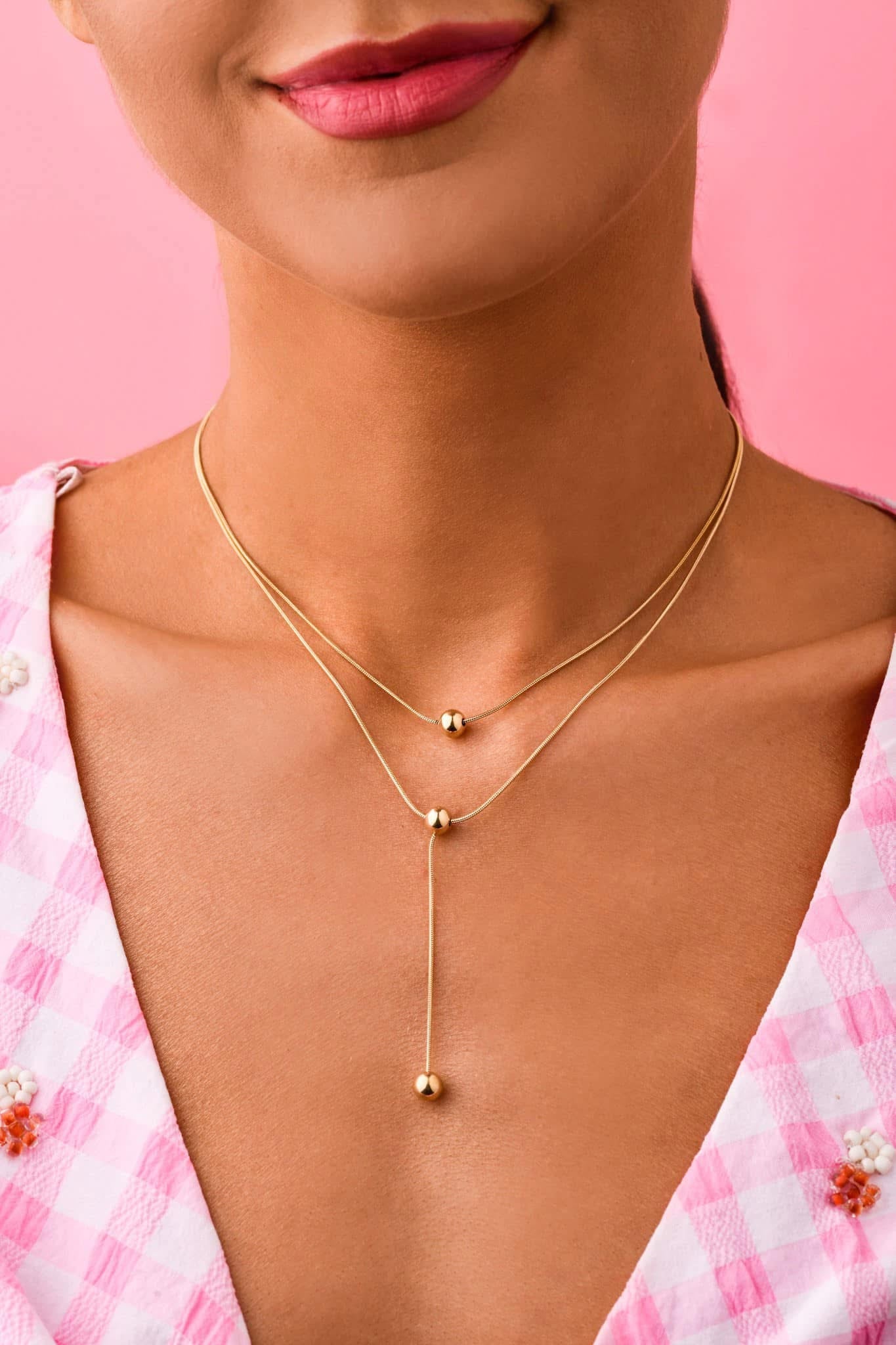 Gold Plated Double Chain Necklace with Balls