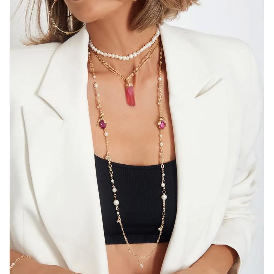 Midnight Forest Long Necklace with Pink Beetles and Pearls