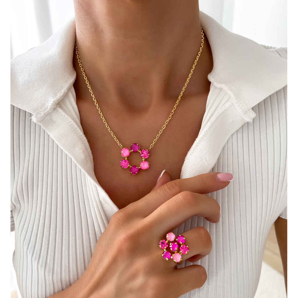 Shining Pink & Fuchsia Crystals Flower Adjustable Ring
