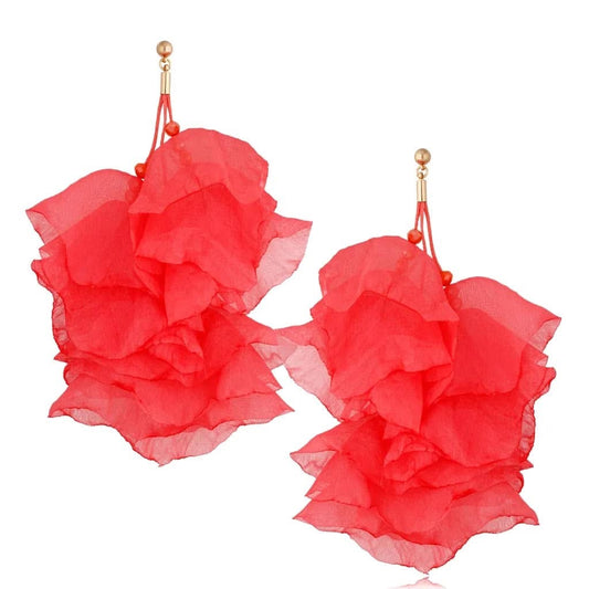 Multi Layer Silk Flower Earrings in Coral