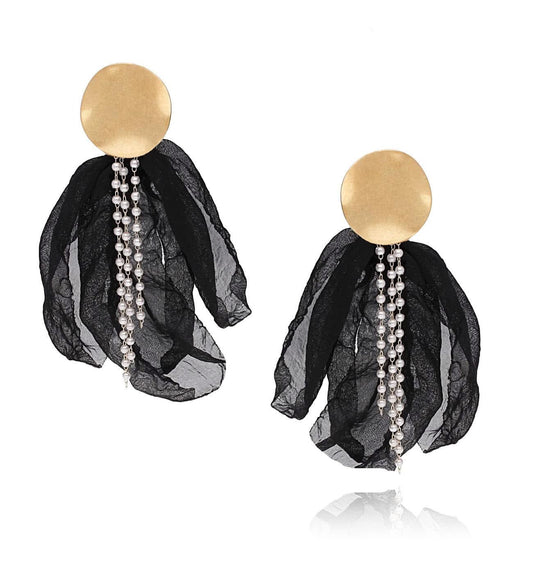 Black with Gold Finishing Silk Blossom Earrings