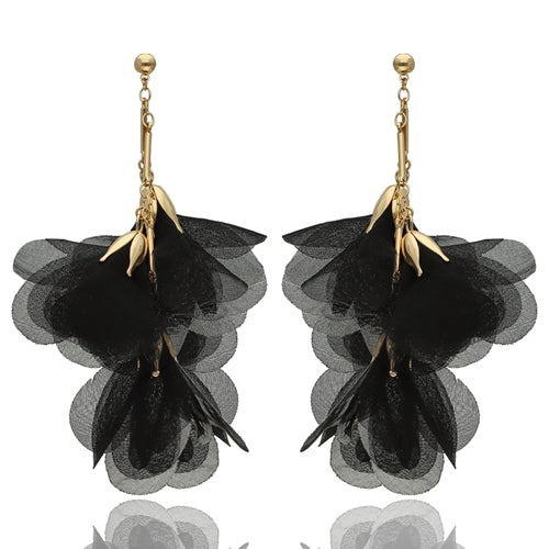 Black Silk Flower Earrings with Gold Fininshing