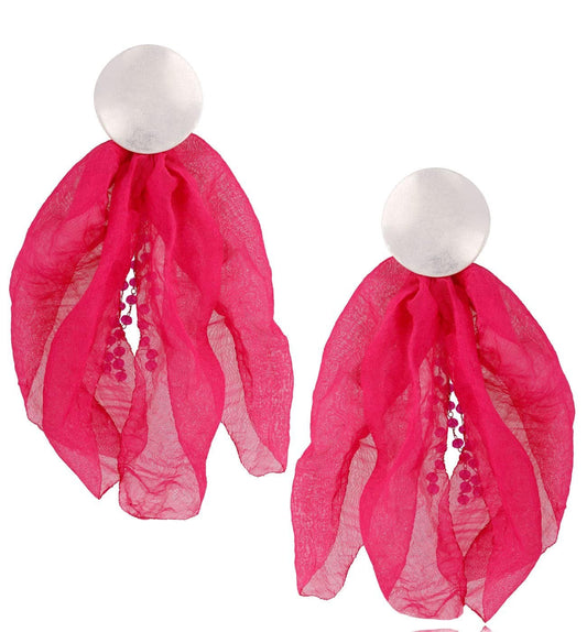Pink with Silver Finishing Silk Blossom Earrings