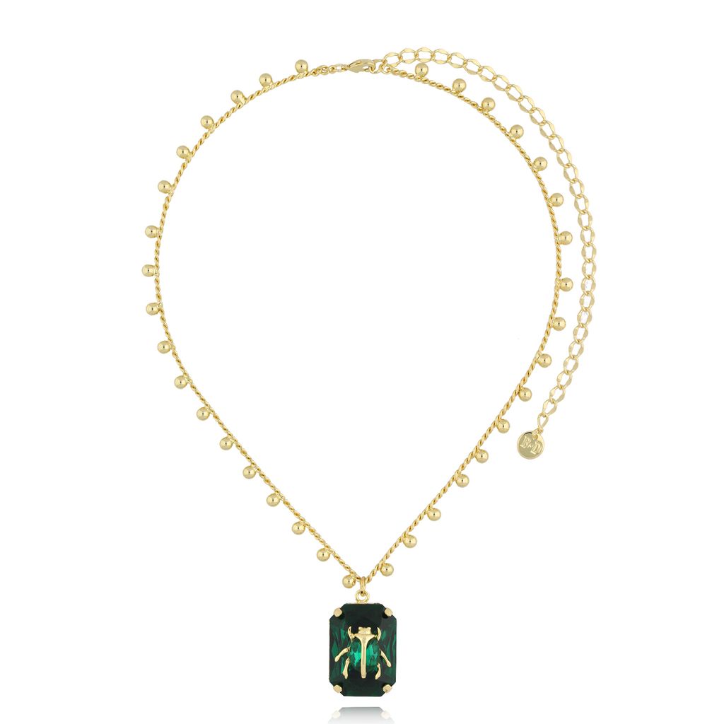 New! ~ Gold Necklace with Emerald Green Crystal and Green Beetle Siyo