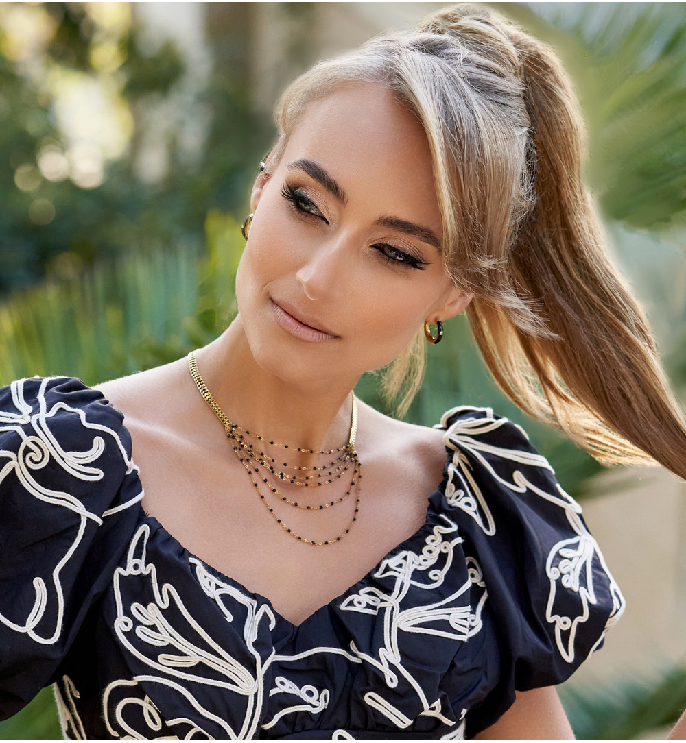 Gold Plated Cascading Necklace with Black Beads Itim