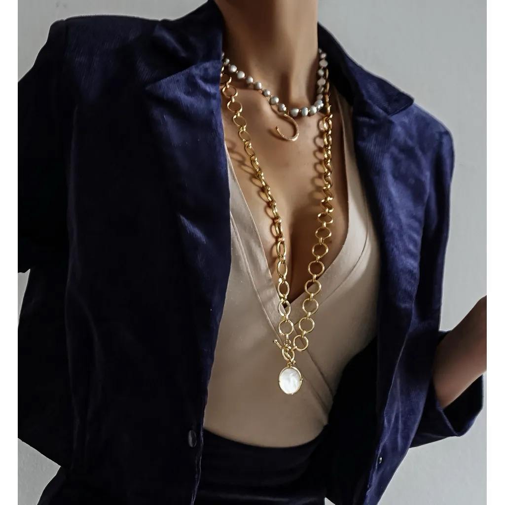 Long Adjustable Statement Chain Necklace/Belt with Round Pearl Pendant (40 inch)