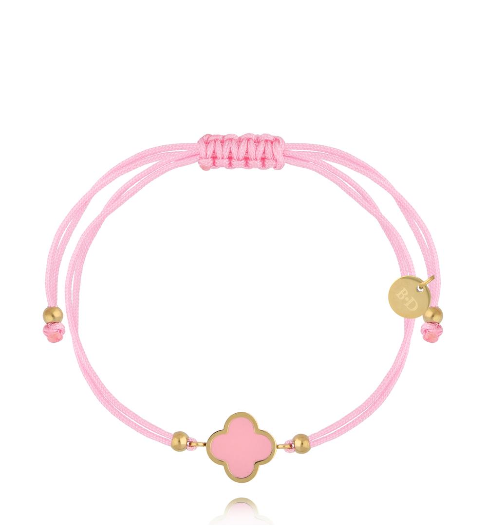 Lucky Pink String Bracelet with Gold Plated Pink Clover