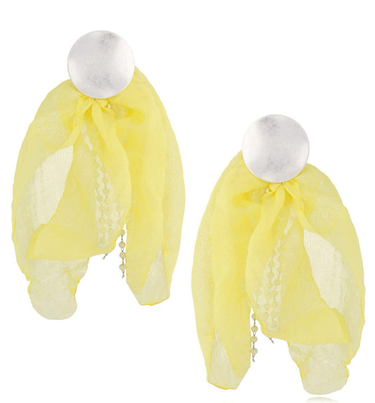 Yellow with Silver Finishing Silk Blossom Earrings