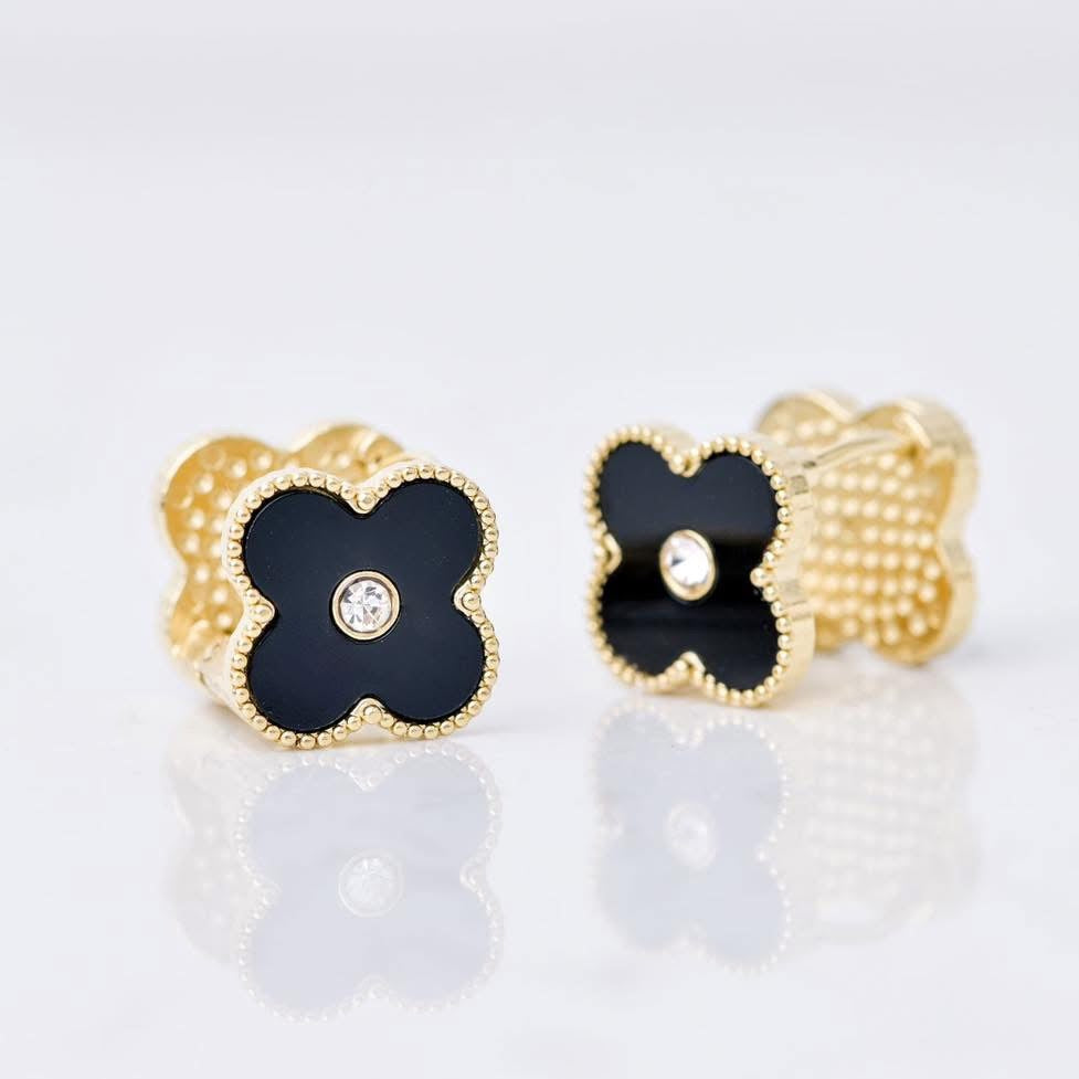 Gold Plated Two Sides Black Clover Earrings