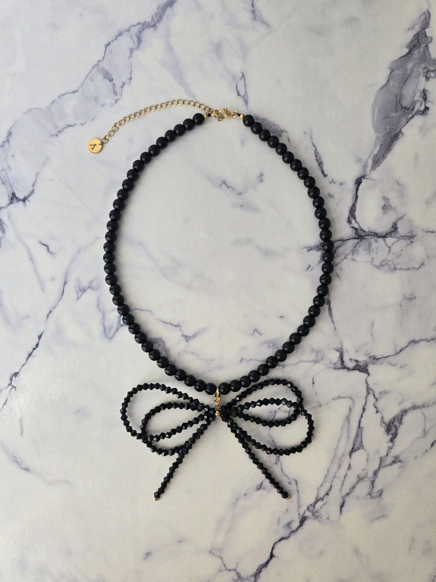 Black Onyx Stones Necklace with Glass Crystals Double Bow