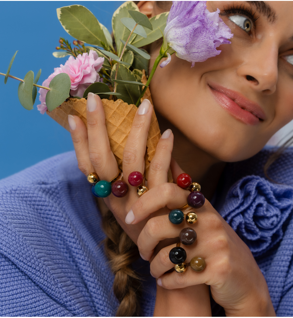 Steel and Shine Enamel Three Balls Ring 1042