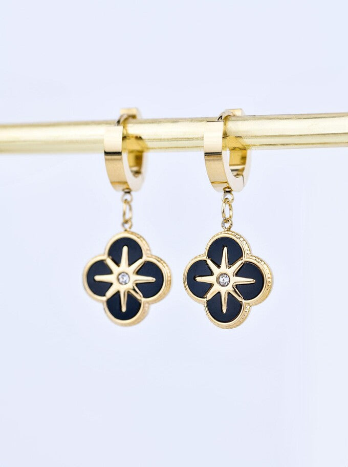 14k Gold Plated Black Enamel Clover Hoop Earrings
