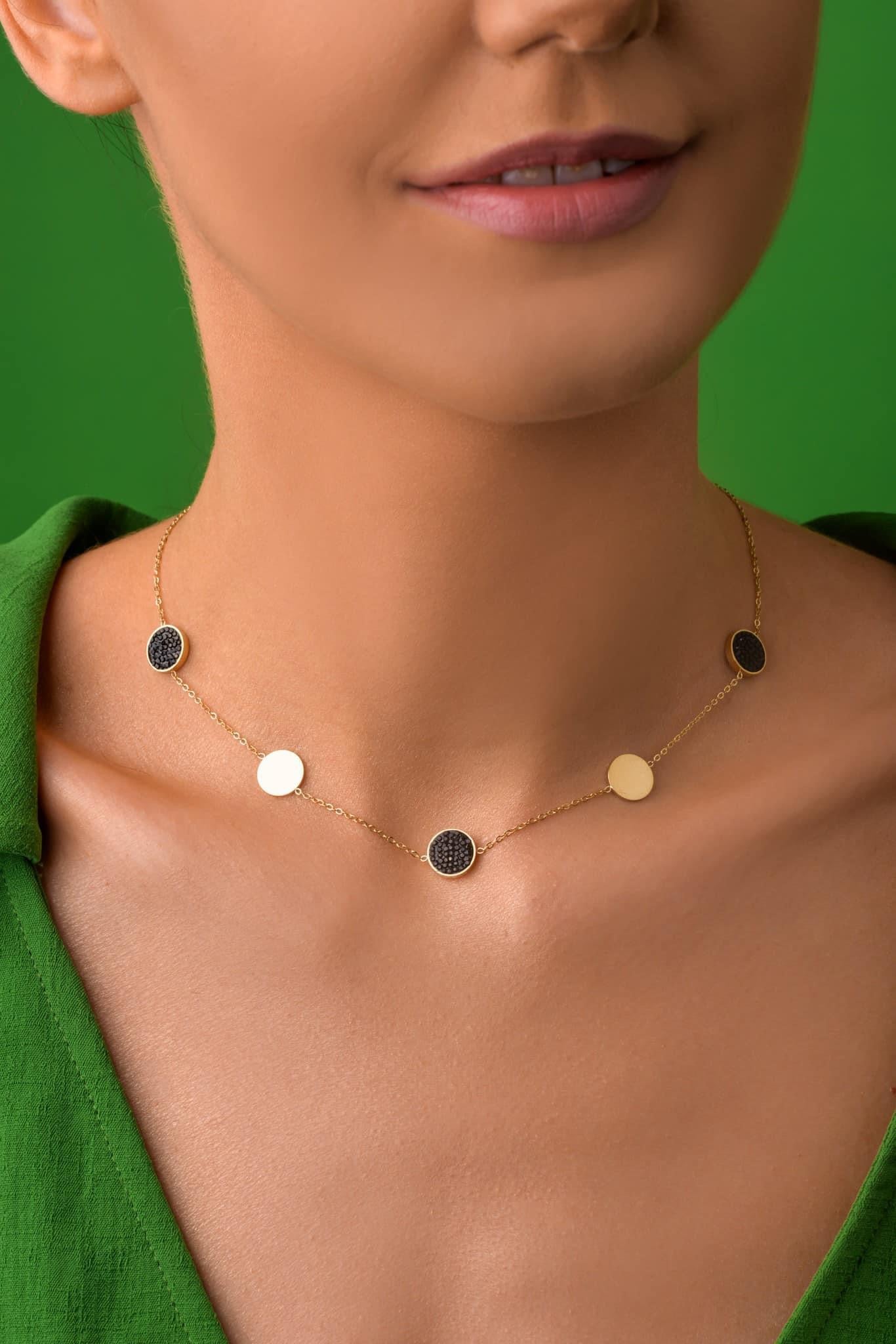 14k Gold Plated Chain Necklace with Black Crystal Circles (CL)