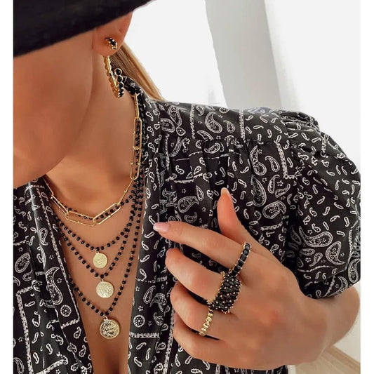 Black Glass Crystals Waterfall Necklace with Gold Coins (CL)