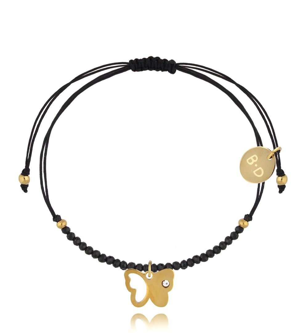 Black String and Tourmaline Stones Bracelet with Butterfly 0112