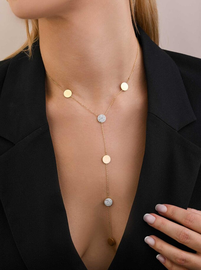 14k Gold Plated Y Necklace with Crystal and Flat Discs