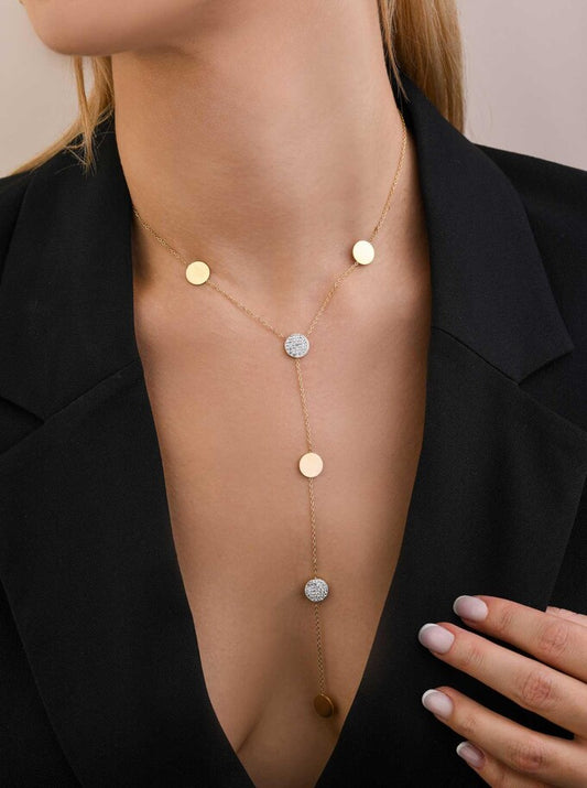 14k Gold Plated Y Necklace with Crystal and Flat Discs