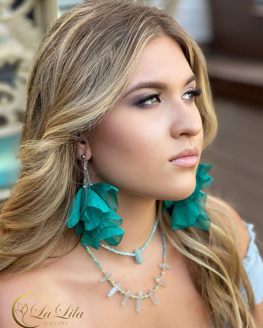 Turquoise Silk Flower Earrings with Silver Finishing