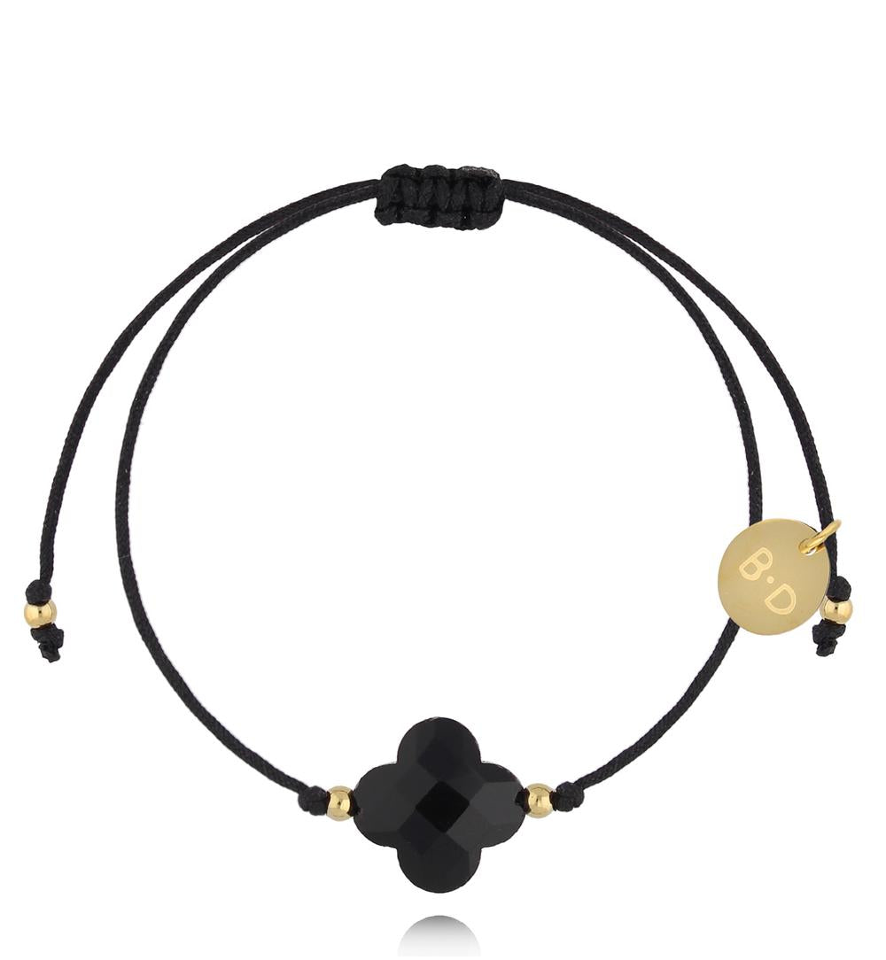Black String Bracelet with Black Agate Clover Karafuu