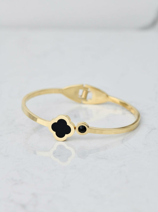 14k Gold Plated Oval Bracelet with Black Enamel Clover