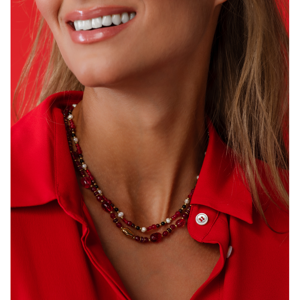 Gold Plated Burgundy Jadeite and Glass Crystals Necklace