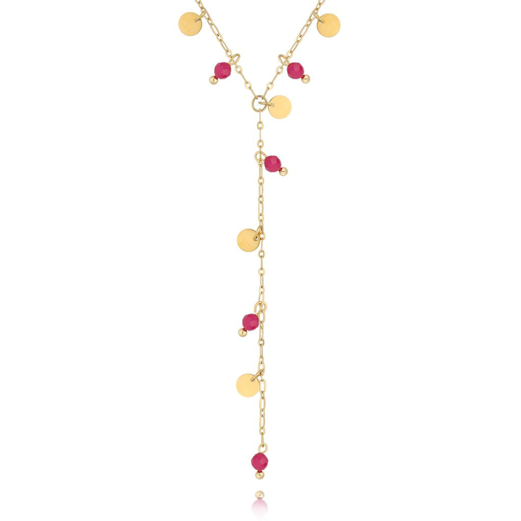 Gold Plated Fuchsia Y Necklace with Gold Discs Incantatio