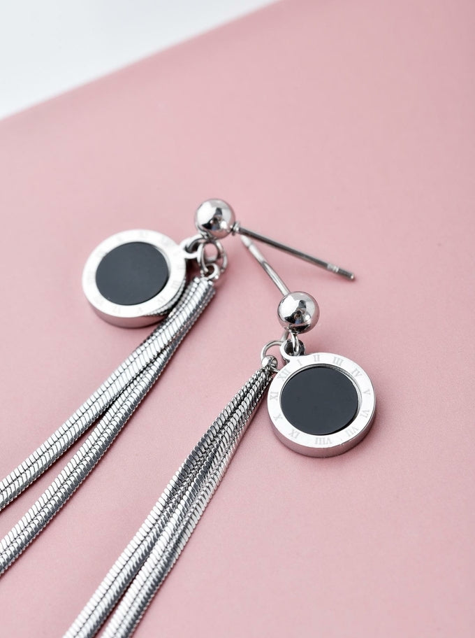Silver Plated Double Snake Chain Earrings with Black Enamel Circle