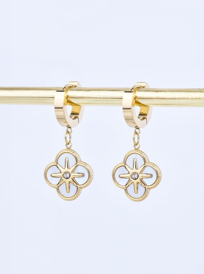 14k Gold Plated White Pearl Clover Hoop Earrings