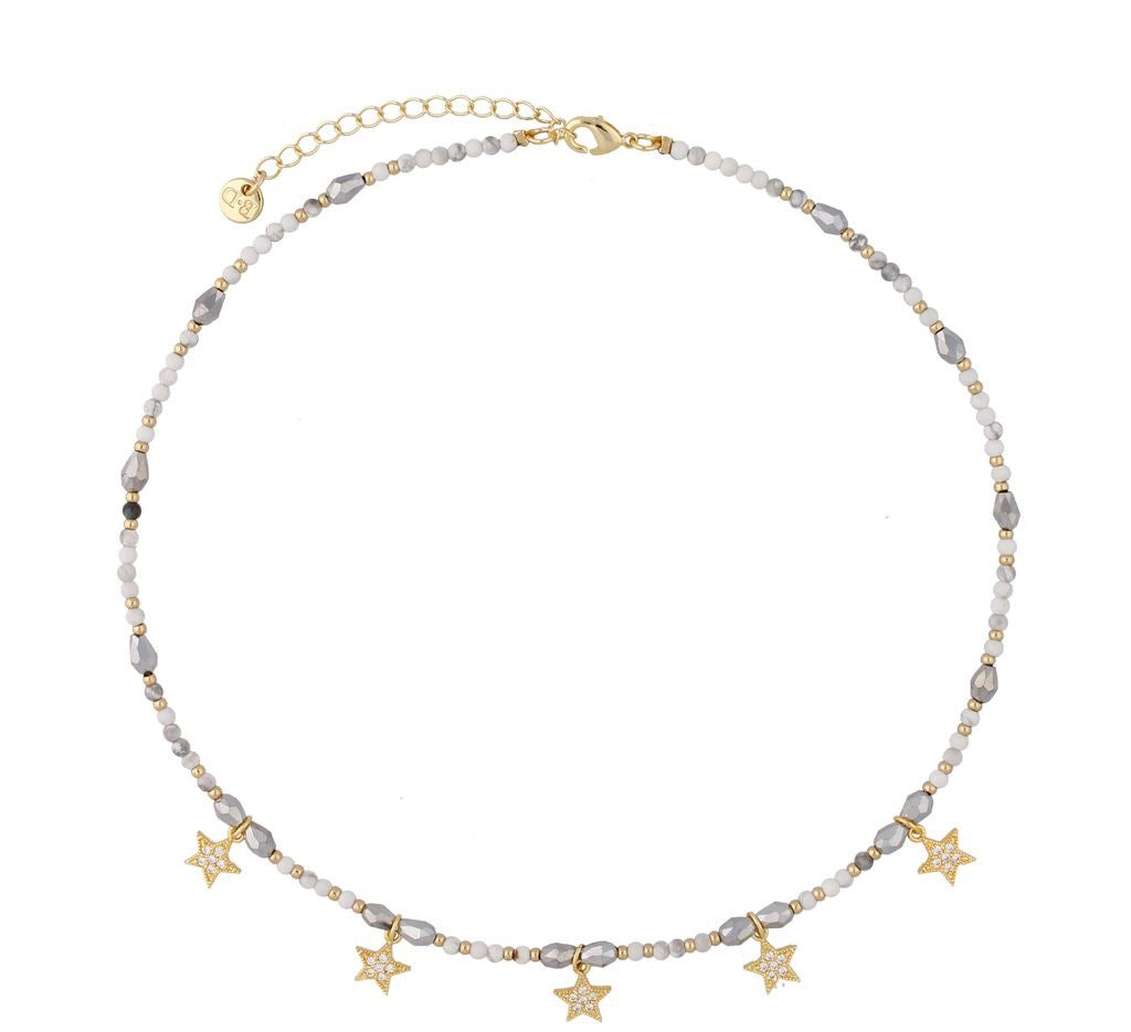 Choker Necklace with Hematite Stones and Gold Crystal Stars