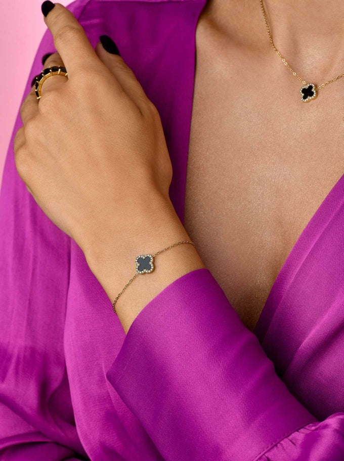 14k Gold Plated Necklace with Crystal Clover & Black Enamel