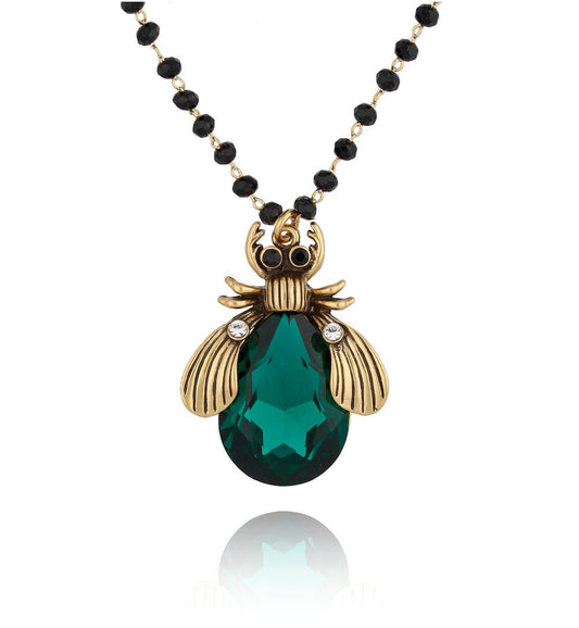 Black Long Crystal Necklace with Emerald Green Beetle Midnight