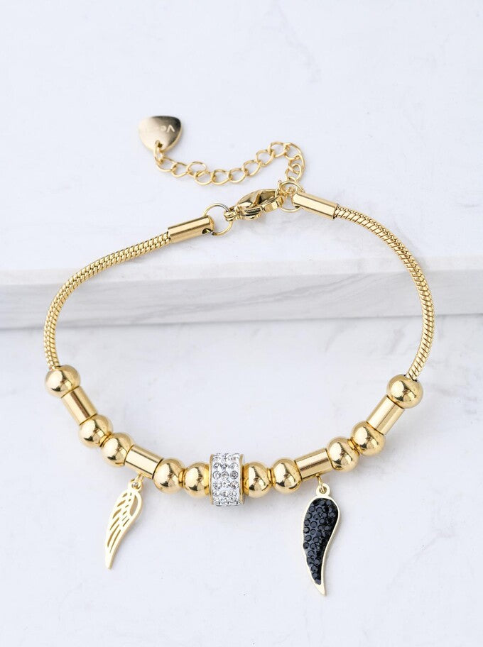 14k Gold Plated Statement Bracelet with Crystals Charm and Angel Wings s10843